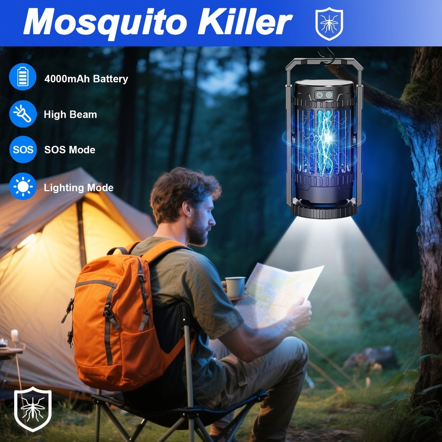 Rechargeable Lantern Bug Zapper with Blue Grid Light, Swivel Base, USB-C Cable and Cleaning Brush
