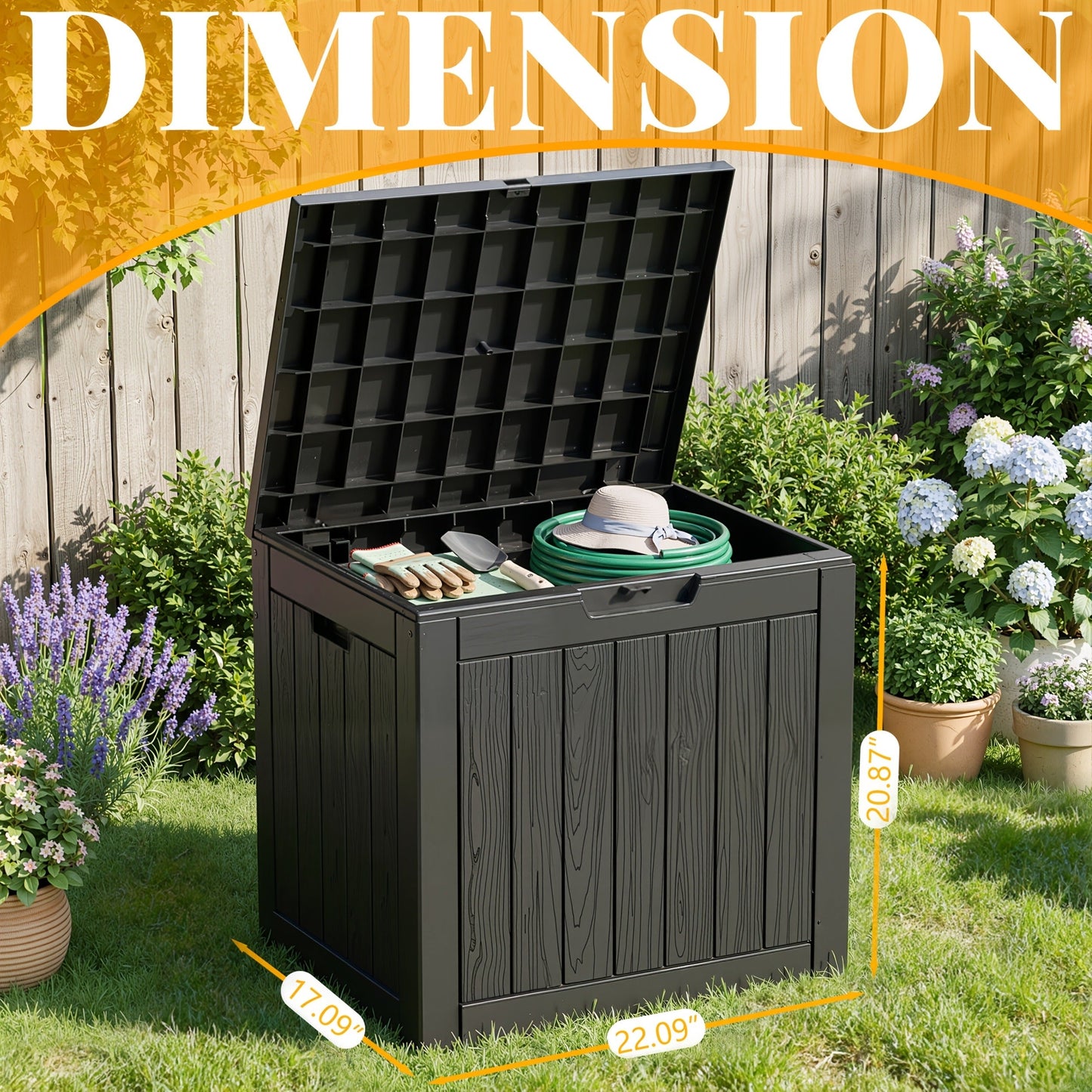 34-Gallon Outdoor Deck Box with Side Handles in 020 Woven or 053 Plank Panel Style, Black or Light Brown