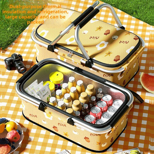 Insulated Picnic Box with Aluminum Frame – Collapsible Thermal Camping Storage Basket for Outdoor Picnic, BBQ, Travel & Camping with Cute Pattern Designs