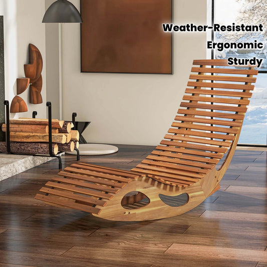 Acacia Wood Rocking Chaise Lounge Outdoor High Back Ergonomic Slatted Seat Stopper 350lb Patio Rocker for Deck Poolside Garden