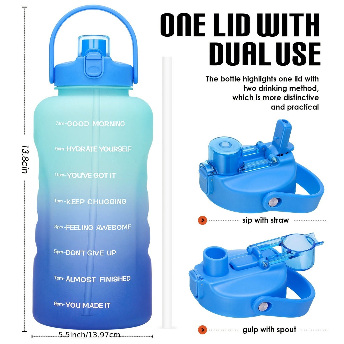128oz Water Bottle Jug with Time Markers, Handled Flip-Top Straw Lid and Seven Color Treatments