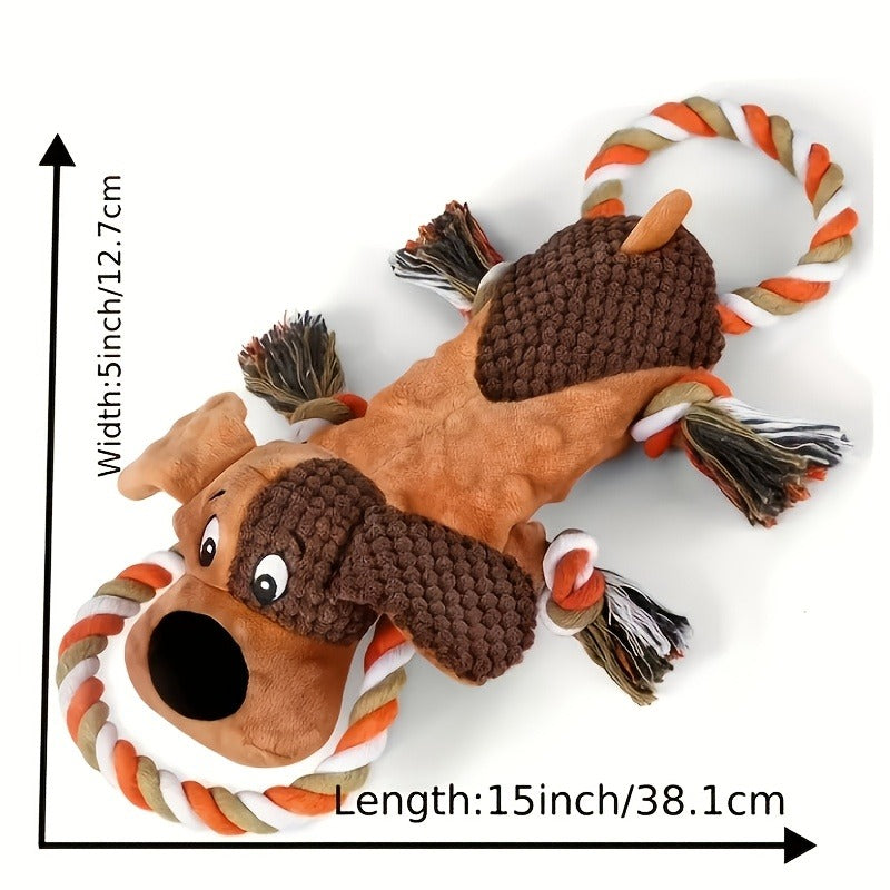 Dog Toy Plush Rope Animal with Squeaker, Crinkle Paper and Four Styles for Chew, Tug and Fetch Play