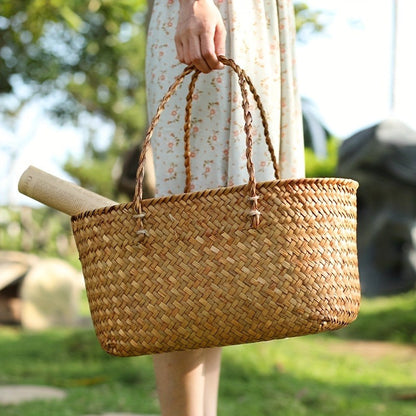 Straw Picnic Basket with Long Handles – Large Hand-Woven Vintage Shopping Basket for Beach, Outdoor Picnics & Rustic Home Decor Storage