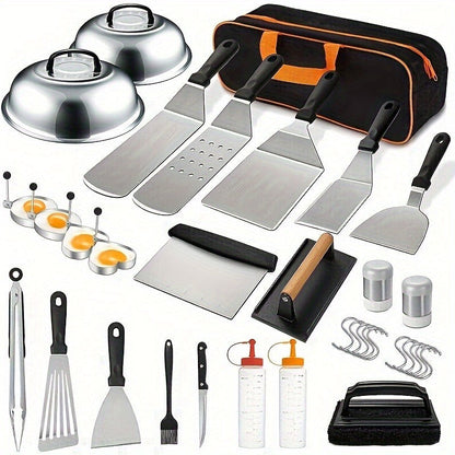 BBQ Tool Set Stainless Steel Grill Accessories Kit with Meat Thermometer Teppanyaki Press Board for Outdoor Camping Home Kitchen Party