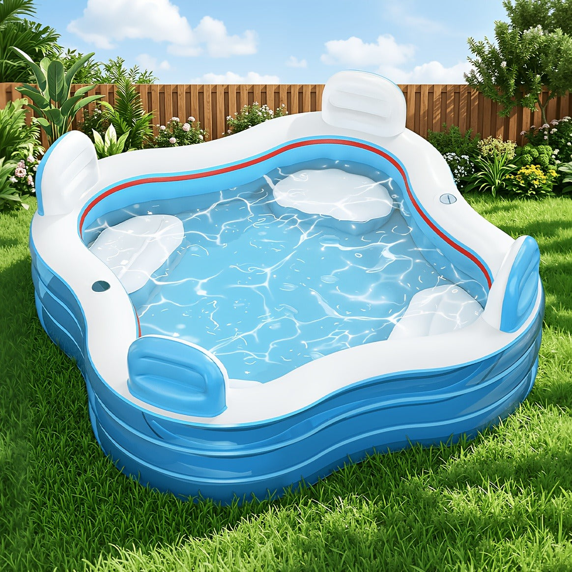 Inflatable Lounge Pool with Backrest 4 Seats 80x80x32 Inch Blow Up Pool for Adults Family Outdoor Garden Backyard Summer Water Party Portable