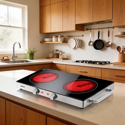 Portable Electric Stove Stainless Steel Single Burner Hot Plate with Temperature Control Easy Clean for Kitchen Dorm Camping RV Office Countertop Cooking 1000W