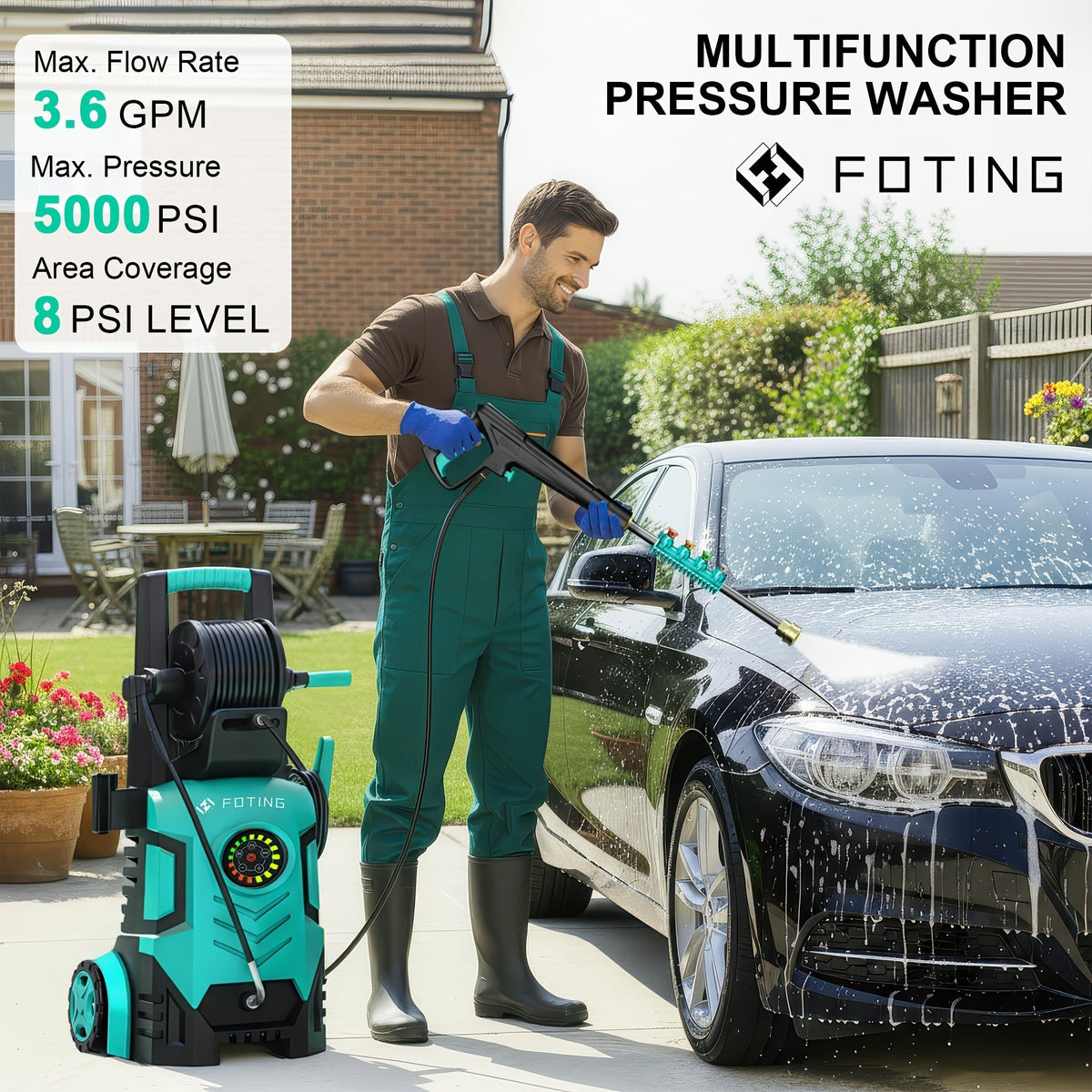 Pressure Washer 5000PSI Electric Power Washer 2.4-3.6GPM Adjustable 8-Level Touch Screen 34" Tall for Garden, Patio and Yard Use