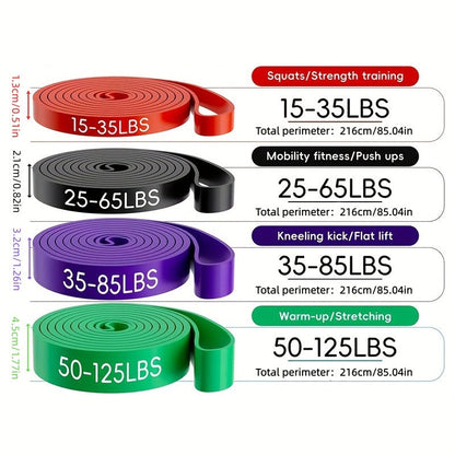 Four-Piece Color-Coded Long Loop Resistance Band Set with Pictured 15-125 lb Labels and Storage Bag