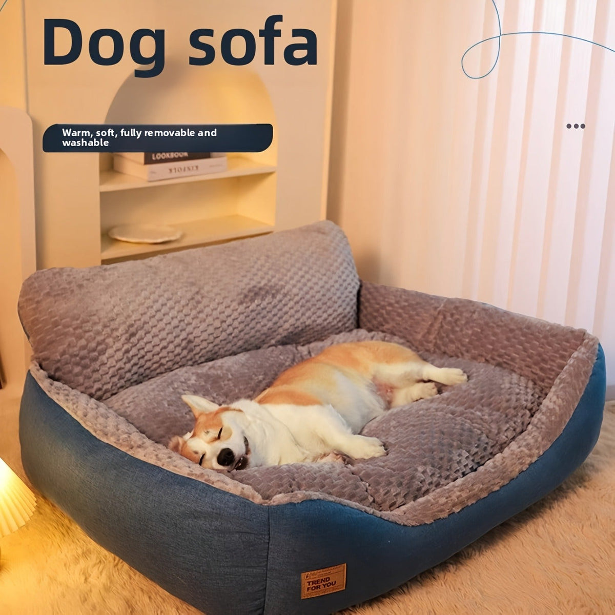 Blue-Gray Dog Bed Couch with Raised Back and Side Bolsters in Four Sizes, Plus One Random Cat Teaser