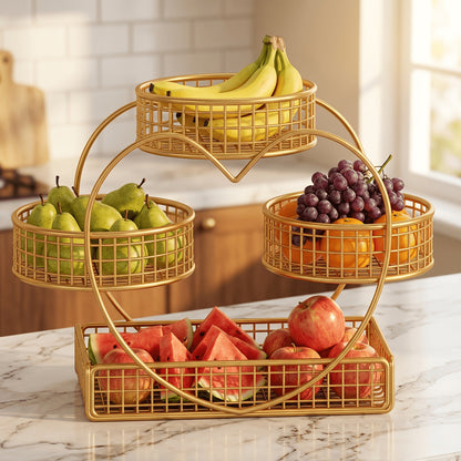 Wire Fruit Stand 3-Tier Golden Metal Basket | Large Capacity Kitchen Counter Organizer for Fruits Vegetables Bread Snacks Produce