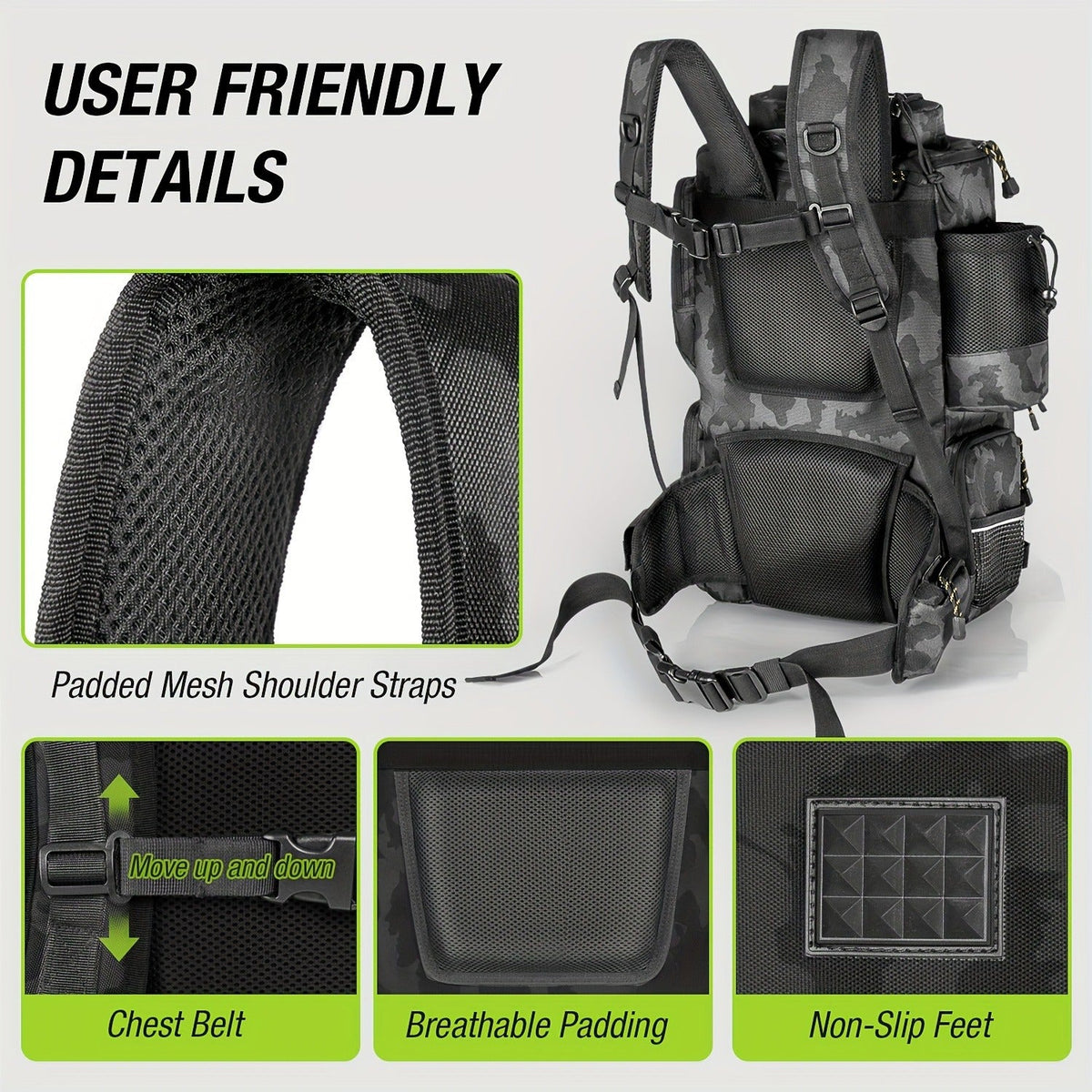 Large Fishing Tackle Bag with 4 Tackle Boxes – 43L Backpack with Rod Holder, Detachable Waist Pack & Gear Storage for Men Women | Black, Khaki & Camo