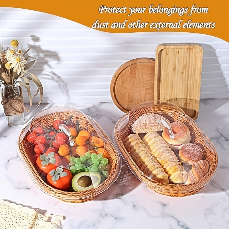 Wicker Bread and Fruit Storage Basket with Clear Acrylic Lid in Square or Round Checkout Shapes