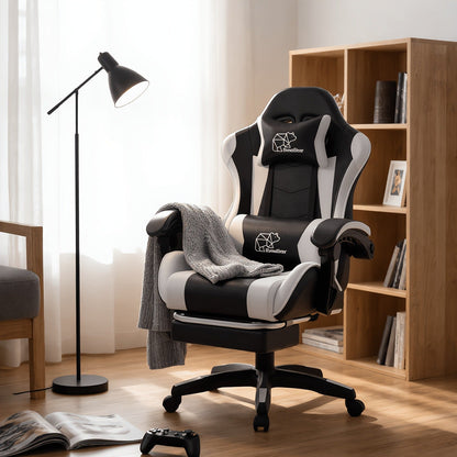 Gaming Chair with Retractable Footrest, Adjustable Lumbar Pillow, Headrest, 360° Swivel and Height Adjustment