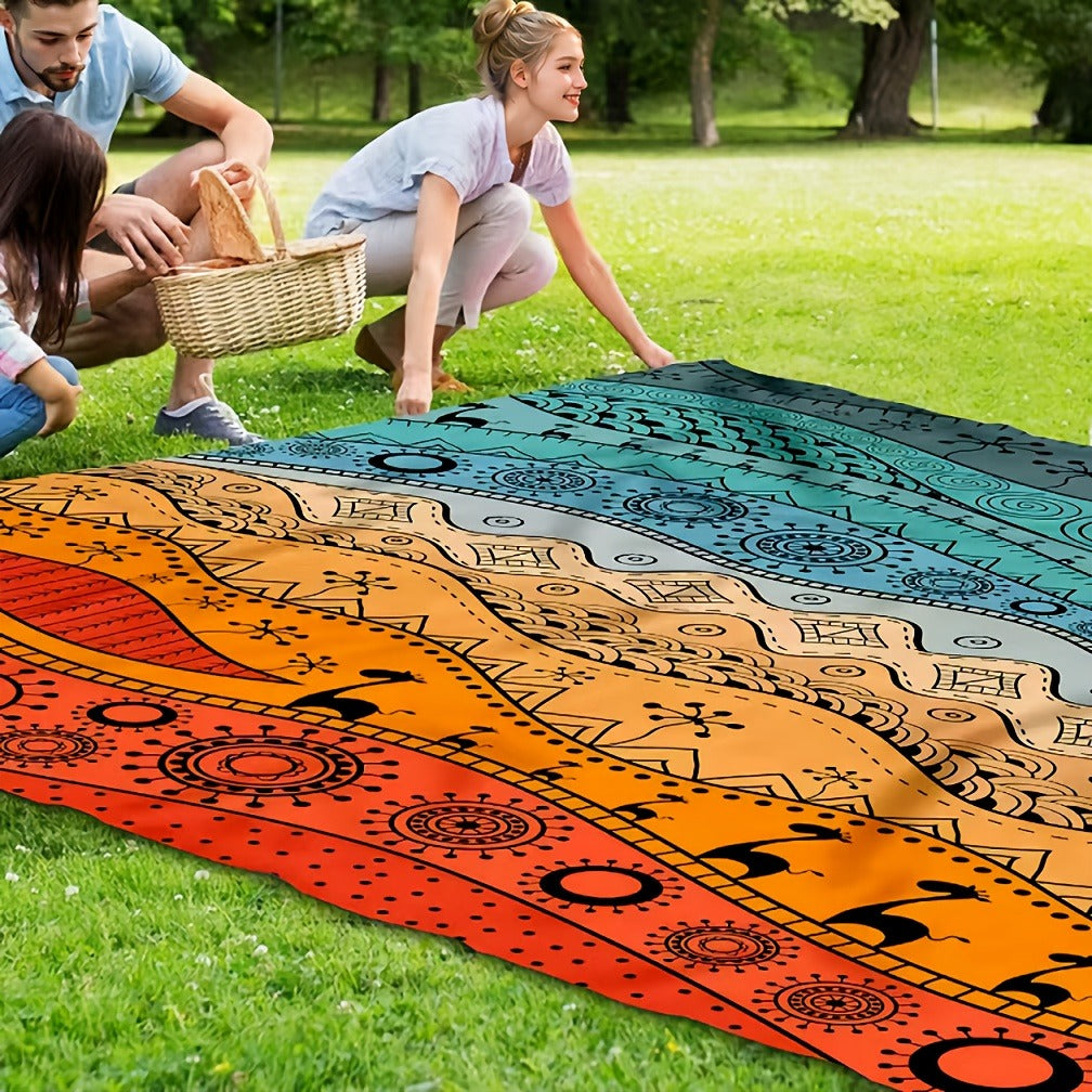 205 x 198cm Picnic Blanket with Orange, Aqua and Black Bohemian Animal Print and Matching Zip Carry Bag