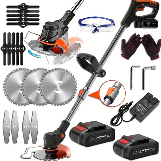 Cordless String Trimmer 24V 800W – Weed Wacker with 2 Batteries, Charger & 3 Blades, Adjustable Head, Brush Cutter & Lawn Edger