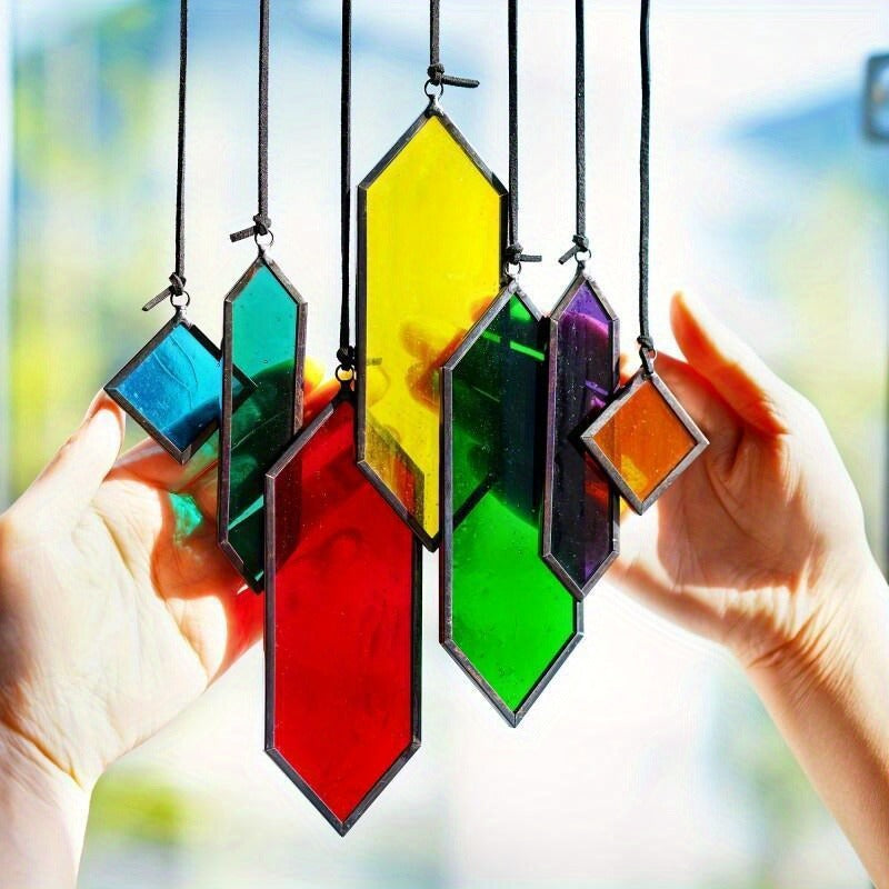 Hanging Geometric Color-Panel Suncatcher Ornament in Multicolor or Blue Checkout Options for Window and Garden Display