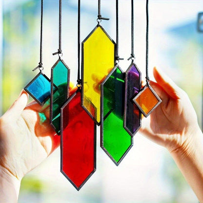 Hanging Geometric Color-Panel Suncatcher Ornament in Multicolor or Blue Checkout Options for Window and Garden Display