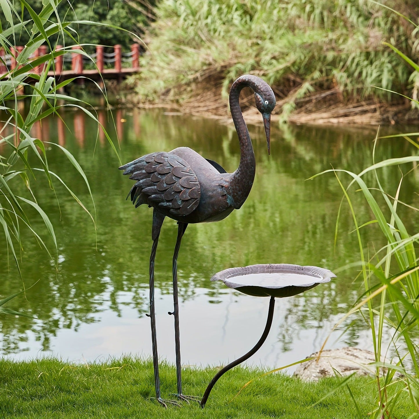 36-Inch Crane Sculpture Bird Bath Set with Separate 12.6-Inch Basin and Garden Stakes for Yard Decor