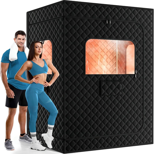 Double Person Sauna Tent 71x49x36in Extra Large 2-Person Steam Sauna Box for Home with 2 Steamers, Folding Chairs, Zipper Window & Anti-Dry Protection for Full Body Spa