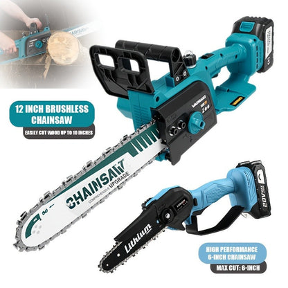 Cordless Chainsaw with Brushless Motor – 6 & 12-Inch Lithium Battery Electric Saw, Auto-Oiling, Safety Lock, Heavy-Duty Wood Cutting & Garden Tool