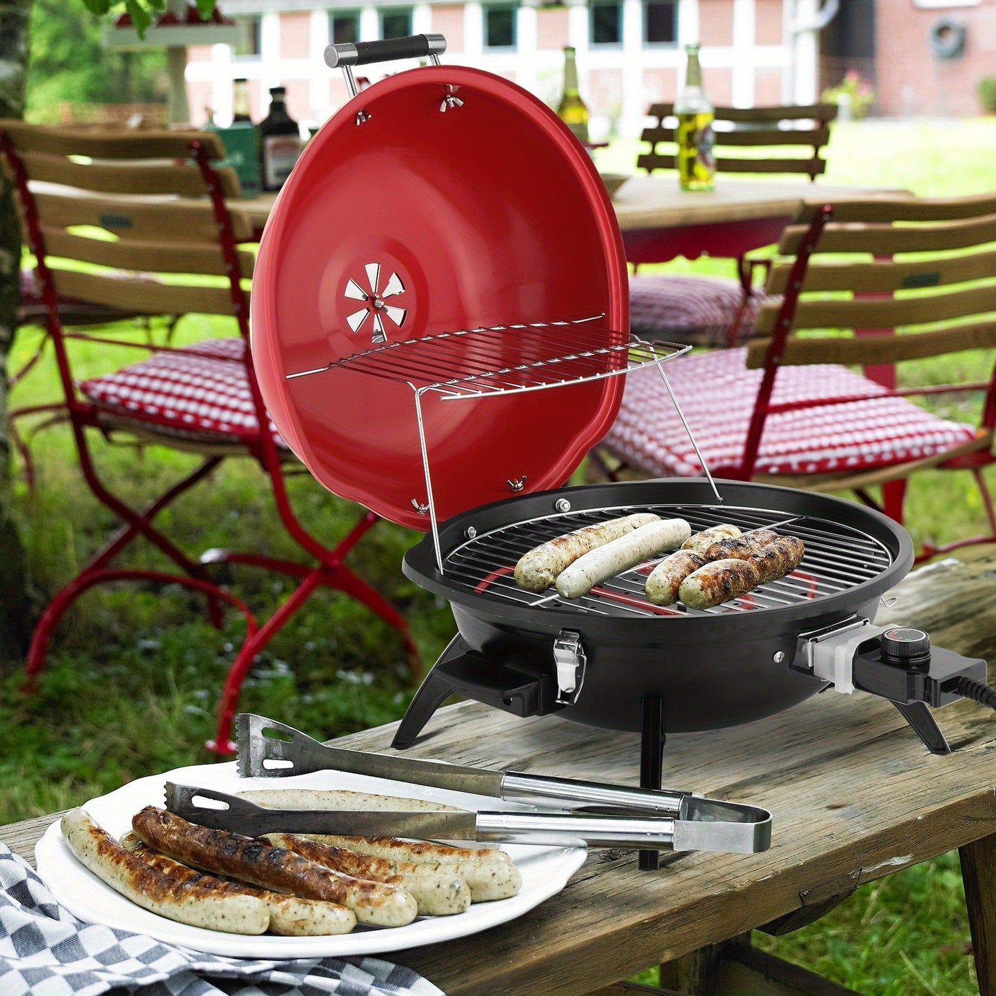 Electric BBQ Grill 1600W Indoor Outdoor Tabletop Grill with Lid Stainless Steel Heating Tube Chrome Grate Cool-Touch Handle