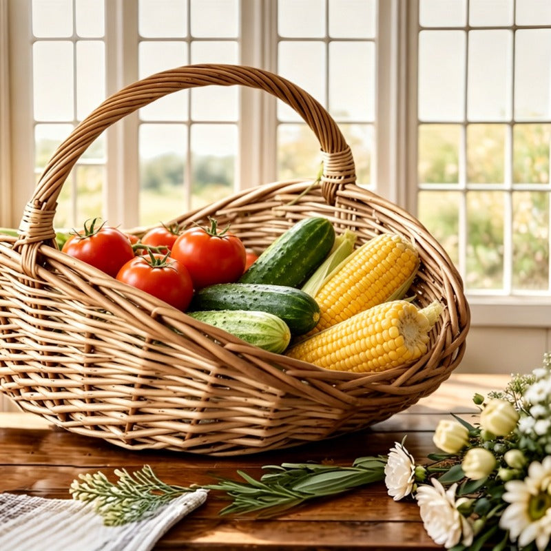 Natural Wicker Basket with Thick Walls – Handmade Farmhouse Storage Organizer for Flowers, Fruits & Vegetables, Rustic Indoor Outdoor Decor, 1 Piece