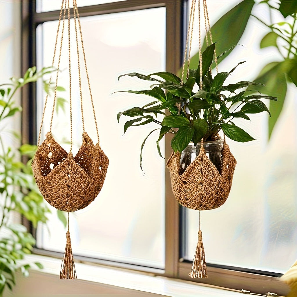 Macrame Plant Hanger with Tassels, Bohemian Cotton Rope Crochet Wall Basket, Indoor Outdoor Hanging Planter with Hooks, Boho Home Decor