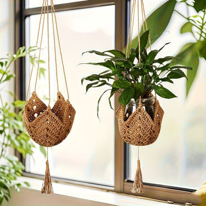Macrame Plant Hanger with Tassels, Bohemian Cotton Rope Crochet Wall Basket, Indoor Outdoor Hanging Planter with Hooks, Boho Home Decor
