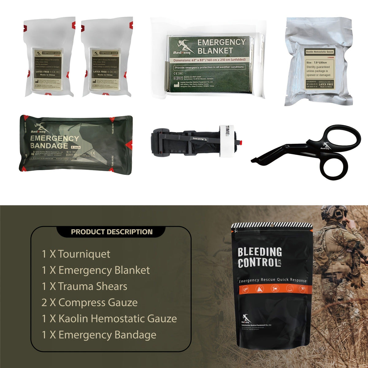 Six-Item IFAK First Aid Kit with Black Carry Pouch, Strap, Blanket, Shears, Gauze and Bandage Packets