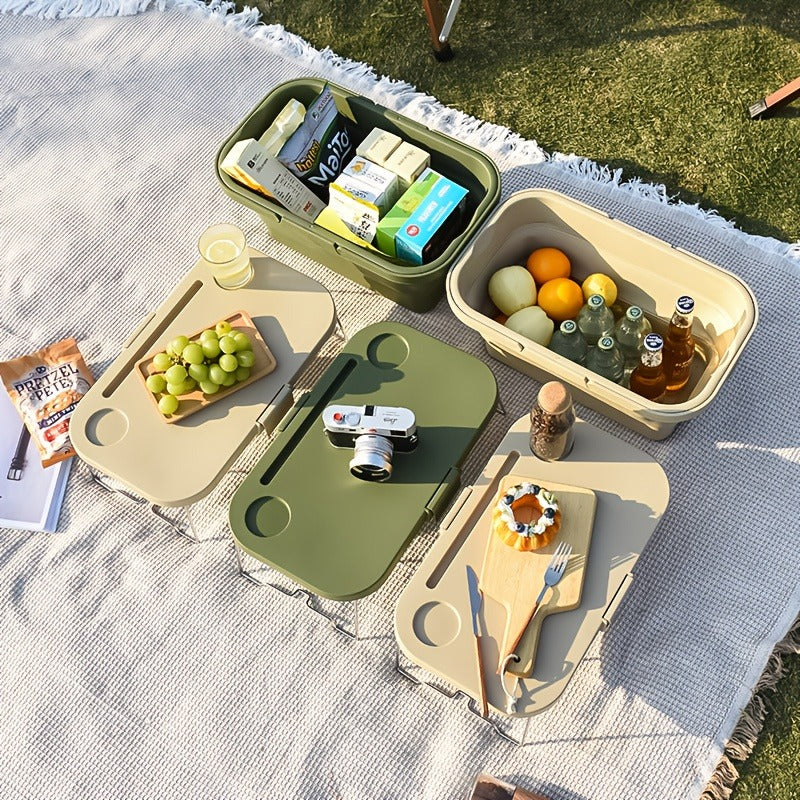 Picnic Basket Foldable with Detachable Table – Large Capacity Portable Camping Storage Basket with Handle, Multifunctional Outdoor Organizer Box for Hiking, Beach & Backyard, Green & Khaki