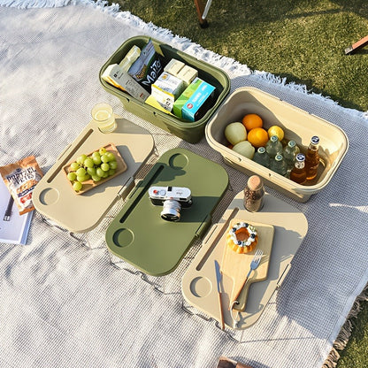 Picnic Basket Foldable with Detachable Table – Large Capacity Portable Camping Storage Basket with Handle, Multifunctional Outdoor Organizer Box for Hiking, Beach & Backyard, Green & Khaki