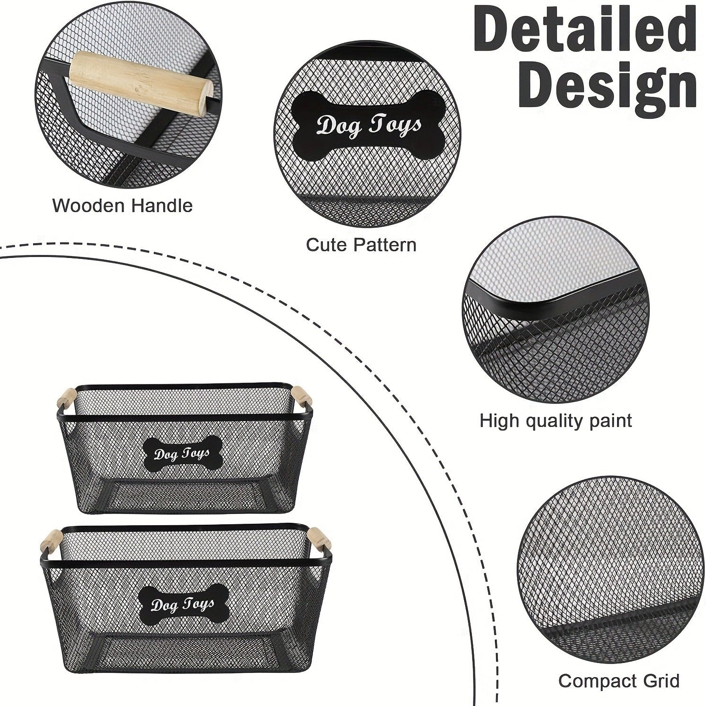 Metal Dog Toy Storage Basket Set with Wooden Handles – 2-Pack Mesh Wire Organizer Bin for Dog Toys, Collars, Blankets & Accessories