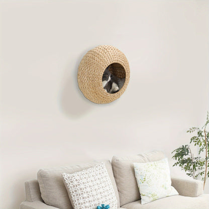 Natural-Tone Round Woven Cat Wall Condo with Removable Cushion, Mounting Hardware and 17.7-Inch Pod Diameter
