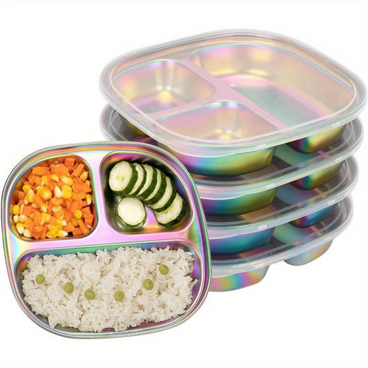 Divided Plates Stainless Steel Set of 4 with Lids - Kids Adults Portion Control Trays BPA Free Camping Meal Prep Picnic Outdoor Lunch Dinner Food Storage