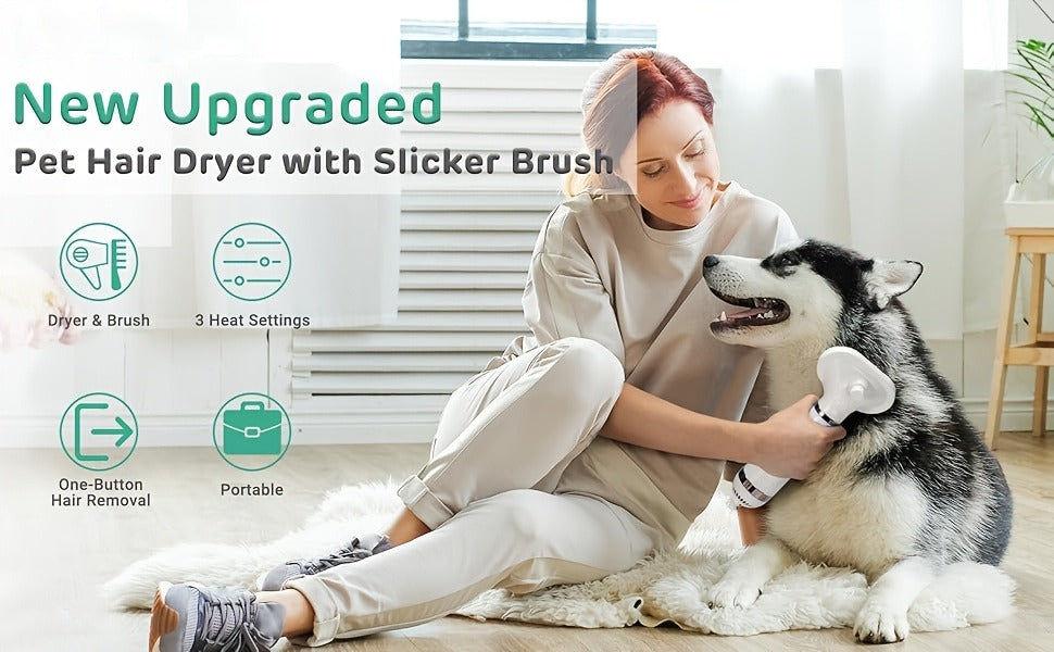 Pet Hair Dryer Brush, Two-in-One Blow Dryer and Self-Cleaning Slicker with Three Temperature Settings