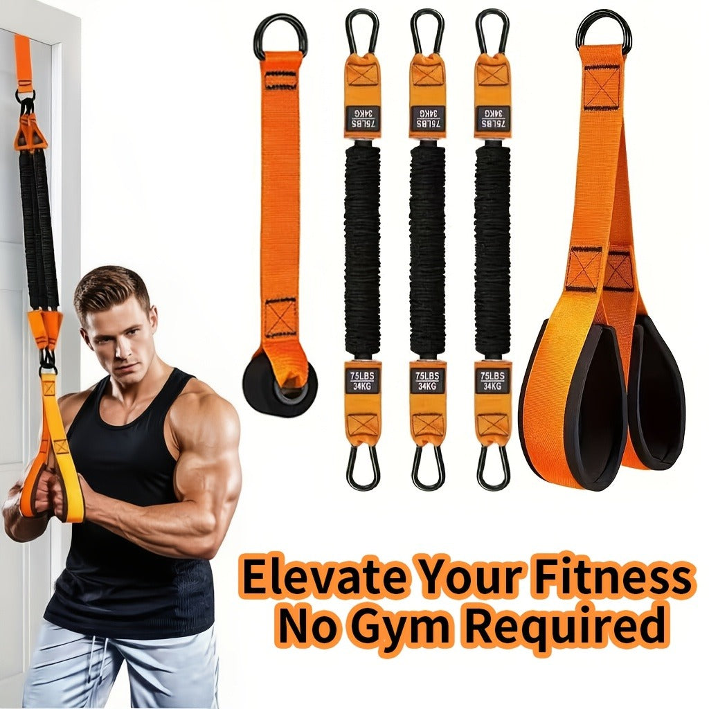 Orange Five-Piece Door-Anchor Resistance Band Set with Three Tubes, Door Anchor and Pictured Handles