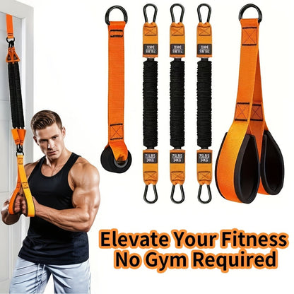 Orange Five-Piece Door-Anchor Resistance Band Set with Three Tubes, Door Anchor and Pictured Handles