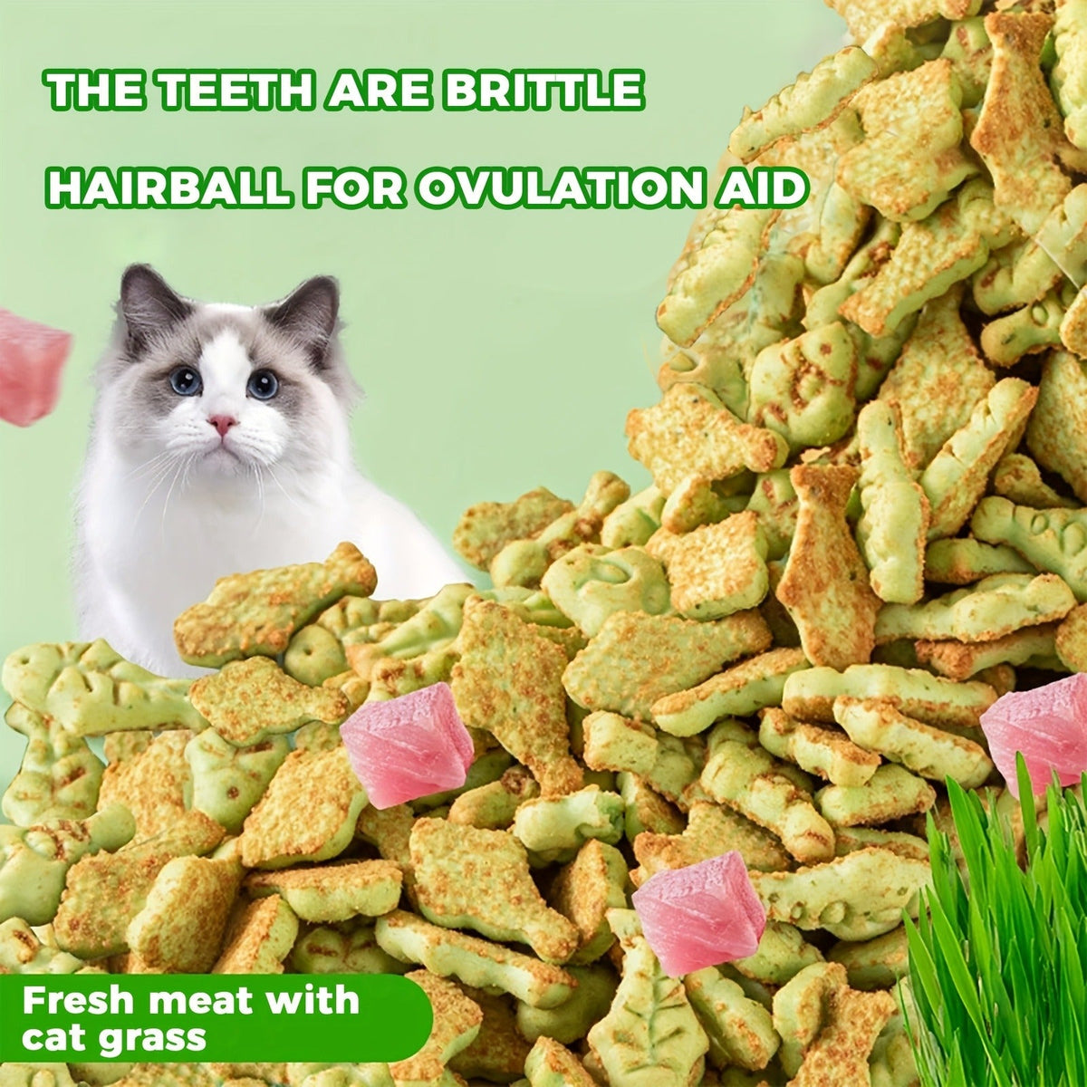 150 g Catnip and Cat-Grass Cookie Treats with Shaped Pieces and Pictured Ingredient Panel Pictured