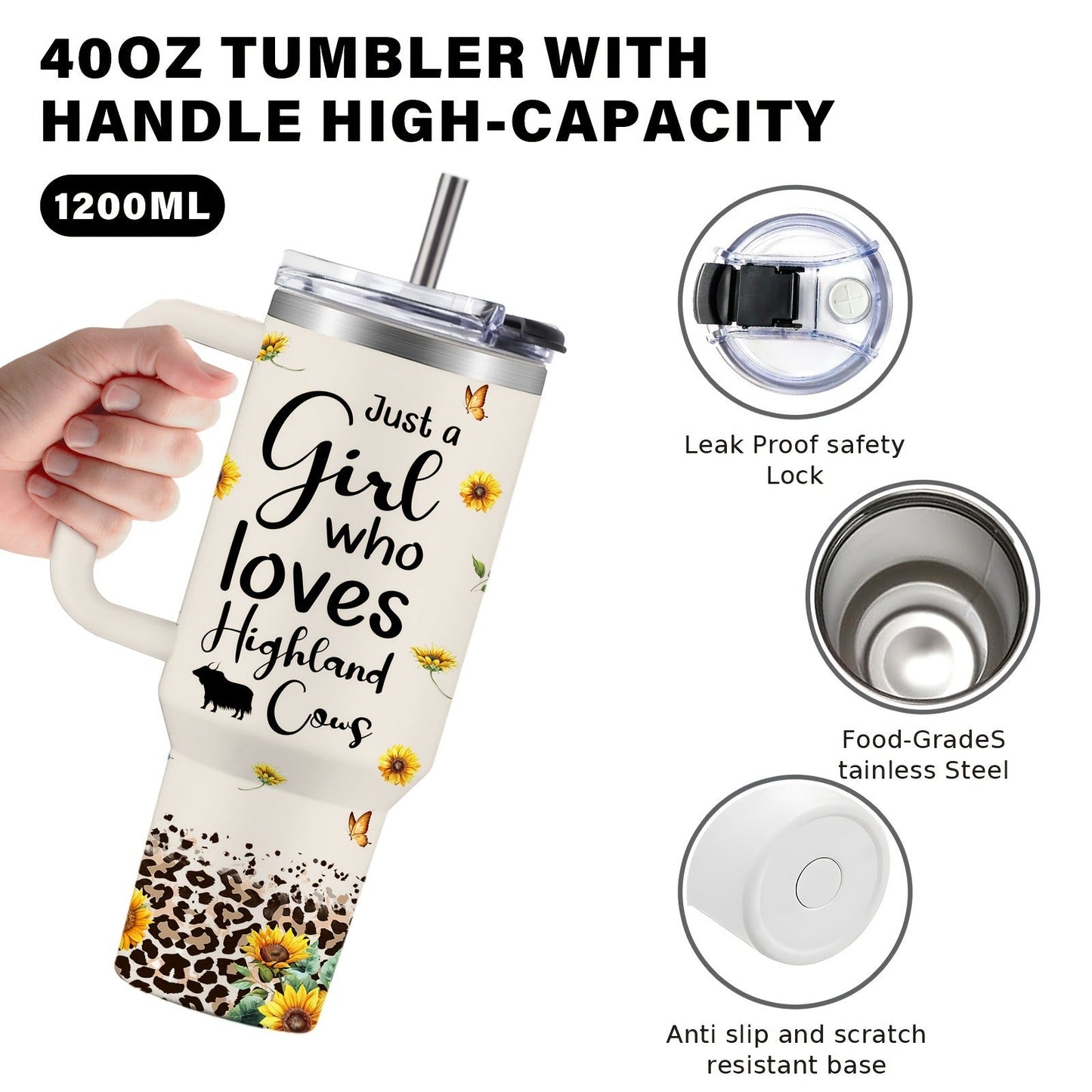 Insulated Tumbler 40oz Cow Print 304 Stainless Steel with Handle, Lid and Double-Wall Vacuum Design