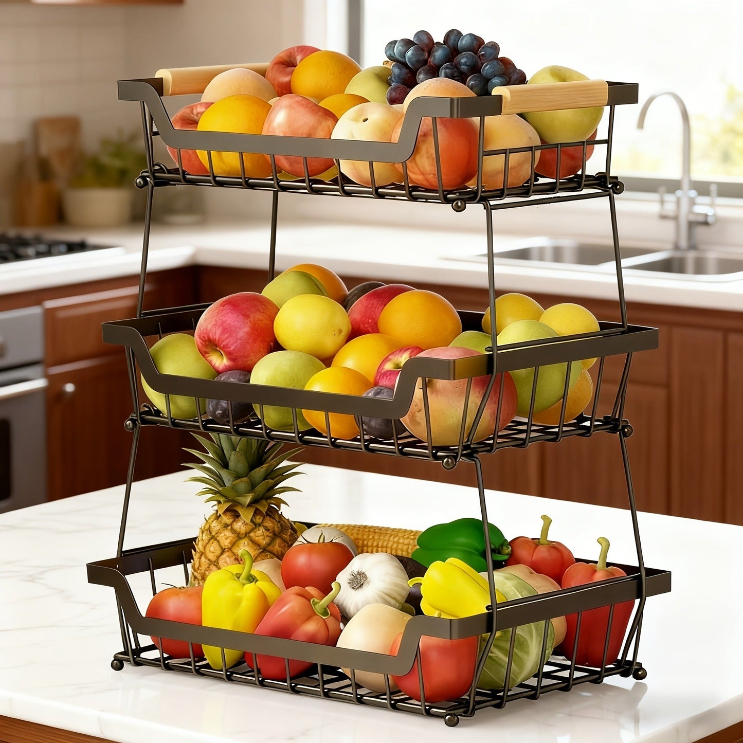 Fruit Basket with Banana Hook, 2 & 3 Tier Metal Stand, Removable Tiers, Wooden Handle, Kitchen Countertop Organizer for Fruits, Vegetables & Bread