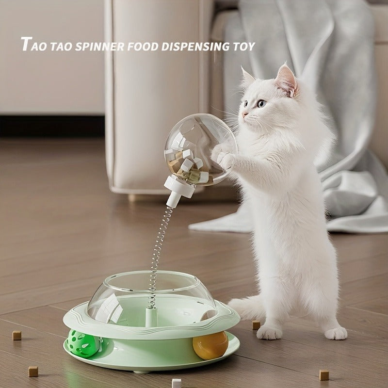 Cat Toy Spinning Food Wheel with Treat Openings, Paw-Powered Rotation and Optional Feather Attachment