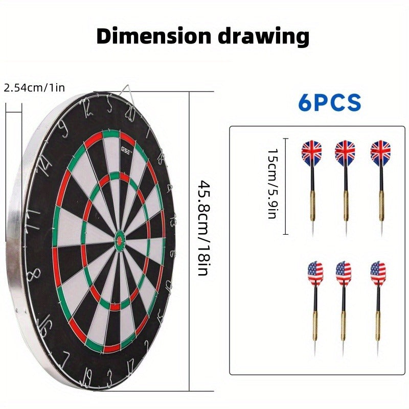 18-Inch Sisal-Style Bristle Dartboard Set with Six Steel-Tip Darts, Metal Hanging Bracket and Number Ring