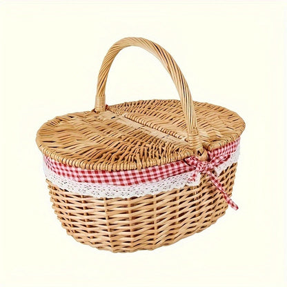 Willow Picnic Hamper Basket with Hinged Lid, Carry Handle and Red Checkered Textile Lining