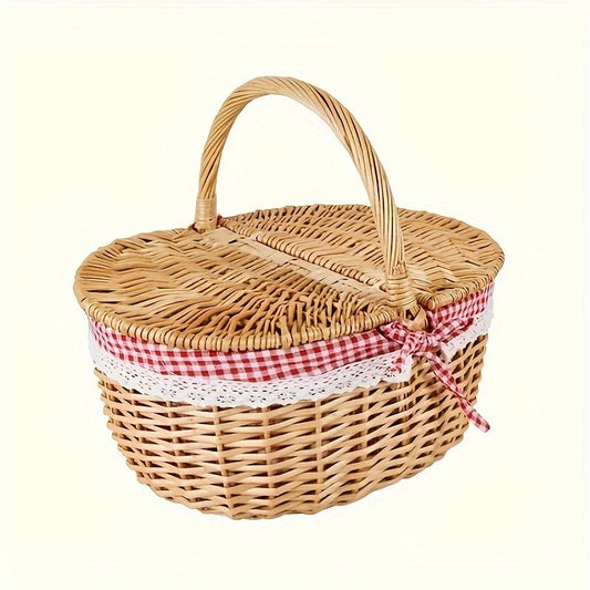 Lined Picnic Basket with Lid & Handles – Vintage Handcrafted Willow Woven Hamper with Linen Lining & Red White Checkered Tablecloth for Picnics & Camping