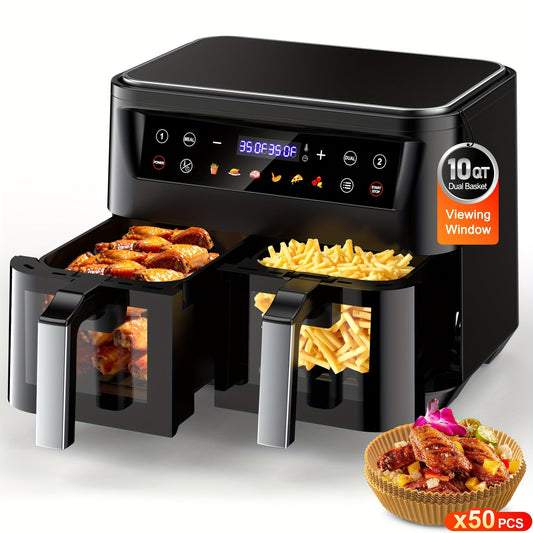 Dual Basket Air Fryer 10Qt, 10-in-1 Double Basket Air Fryer with Sync Cook & Sync Finish, Dishwasher-Safe Baskets for Bake, Roast, Broil & Reheat – Includes 50 Paper Liners, Family-Size