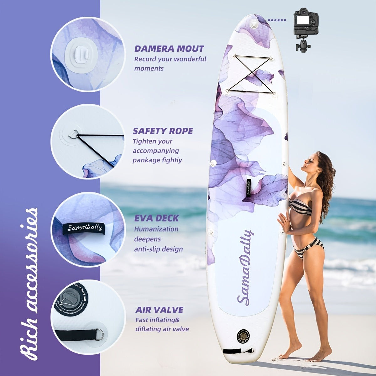 10.6-Foot Purple Floral Inflatable Paddle Board with EVA Deck, Paddle, Pump, Bag, Fin and Leash