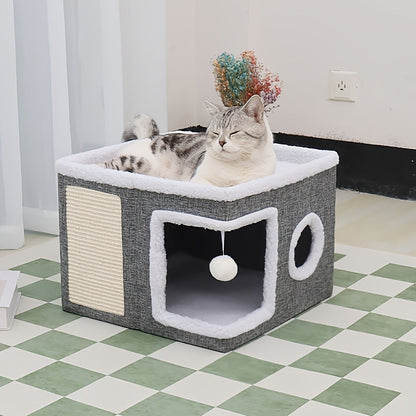 Foldable Gray Cat Condo with Top Platform, Scratch Panel, Openings and Four Cube-Style Options