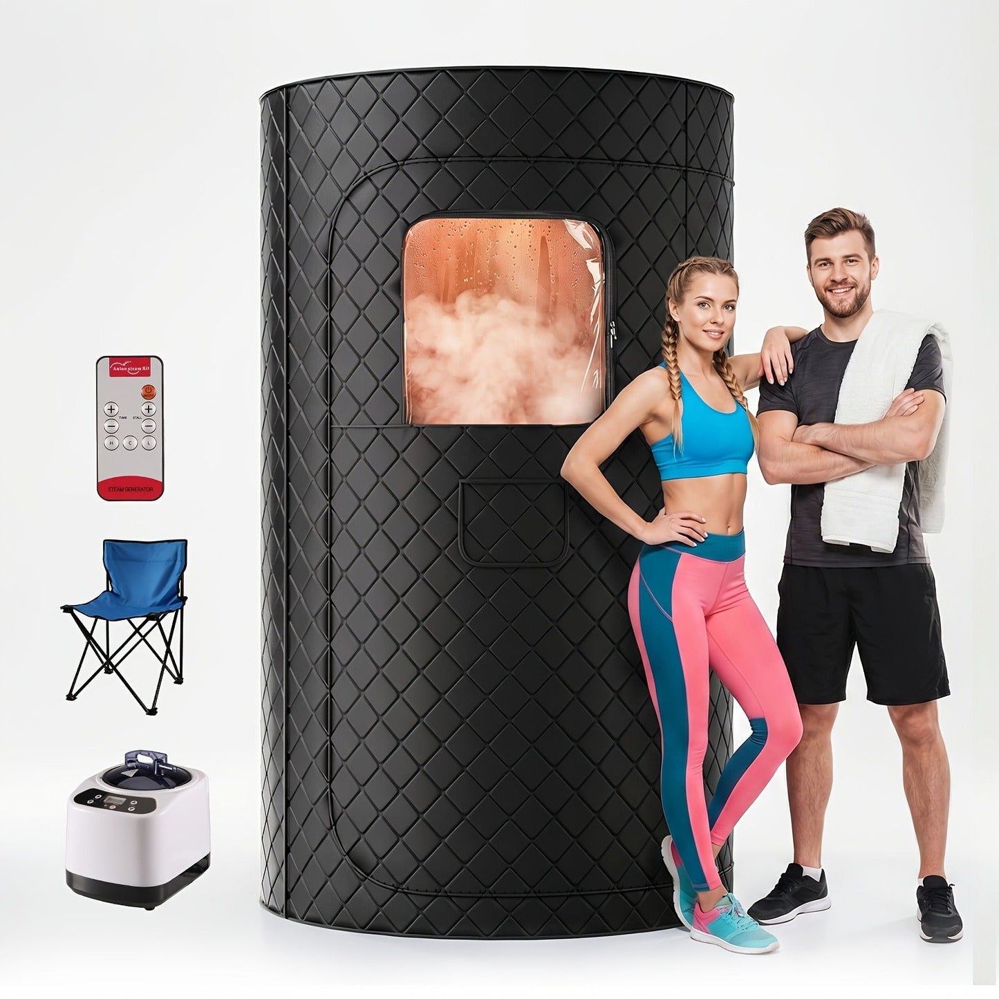 Home Steam Sauna Tent 1200W Personal Spa Box with 10-Min Fast Heating, 9 Heat Levels, 101oz Steamer, Folding Chair & Remote Control for Full Body Relaxation