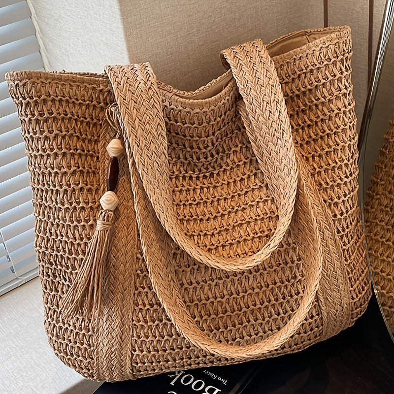 Straw Woven Tote Bag for Women Large Capacity Beach Bag Handwoven Shoulder Bag with Tassel Summer Vacation Travel Shopping Bag