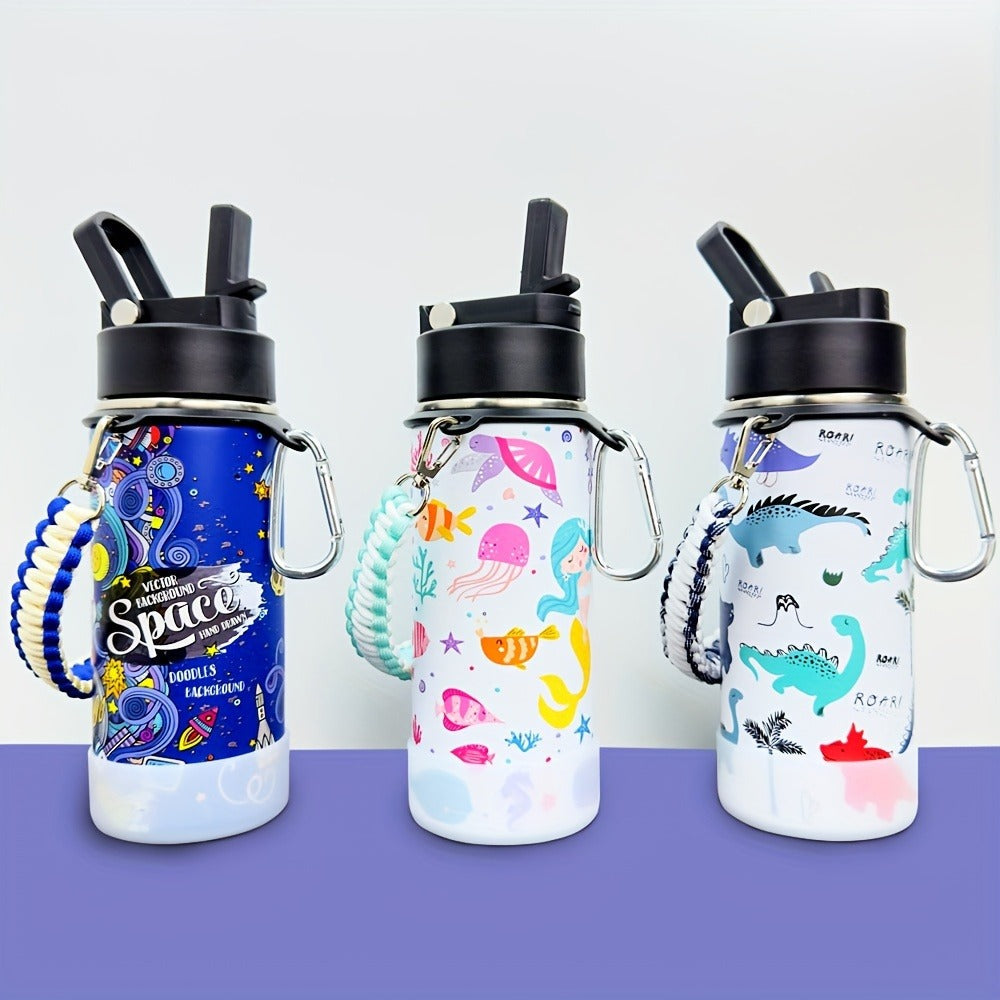 FIANSILL 16oz Stainless Steel Water Bottle with Flip-Up Straw Lid, Wrist Strap, Carabiner and Eight Prints
